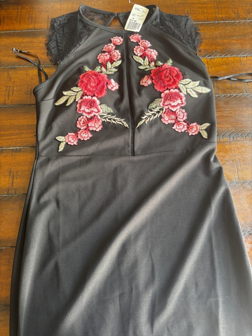 Forever 21 Black High-Low Dress with Red Floral Embroidery